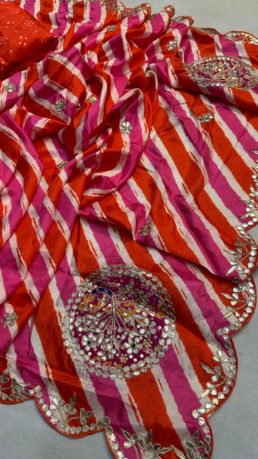 Kayatri New Tussar silk lehriya saree with beautiful hand gotta patti peacock Saree