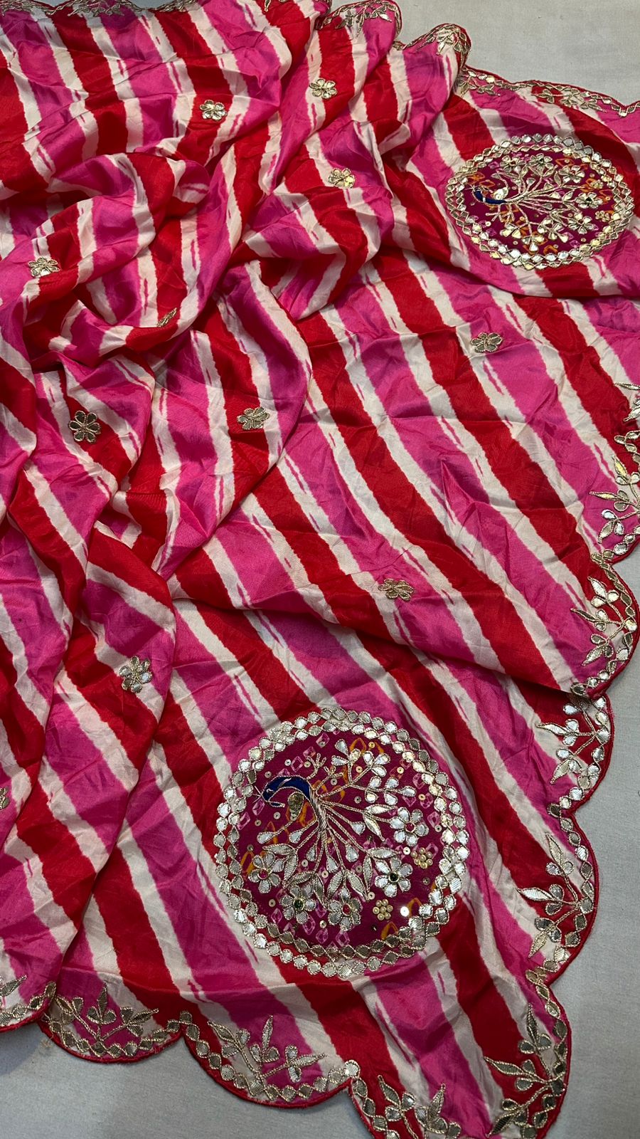 Kayatri New Tussar silk lehriya saree with beautiful hand gotta patti peacock Saree