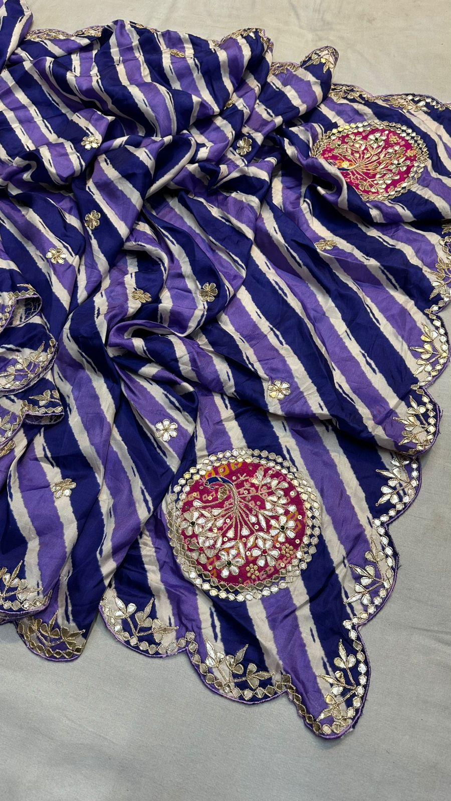 Kayatri New Tussar silk lehriya saree with beautiful hand gotta patti peacock Saree