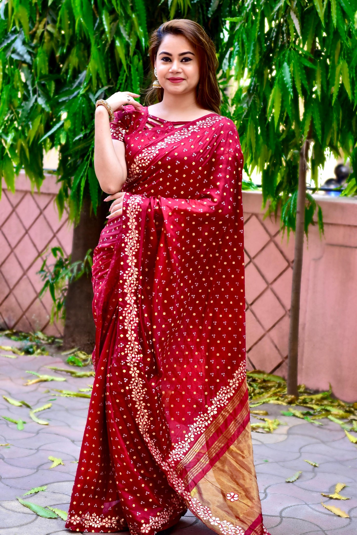 Kayatri New Gota Pati Border With Lagadi Pallu Saree With Block Print Bandhej Saree