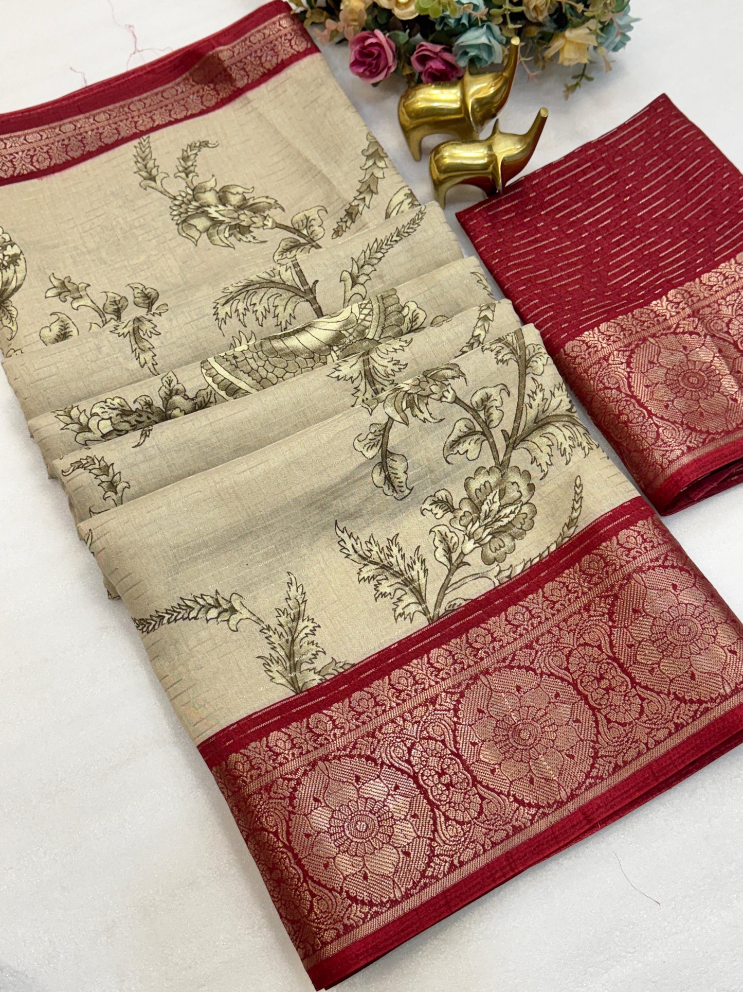 Kayatri New Beautiful Dola silk sarees with all over weaving line Kalmkari print Saree