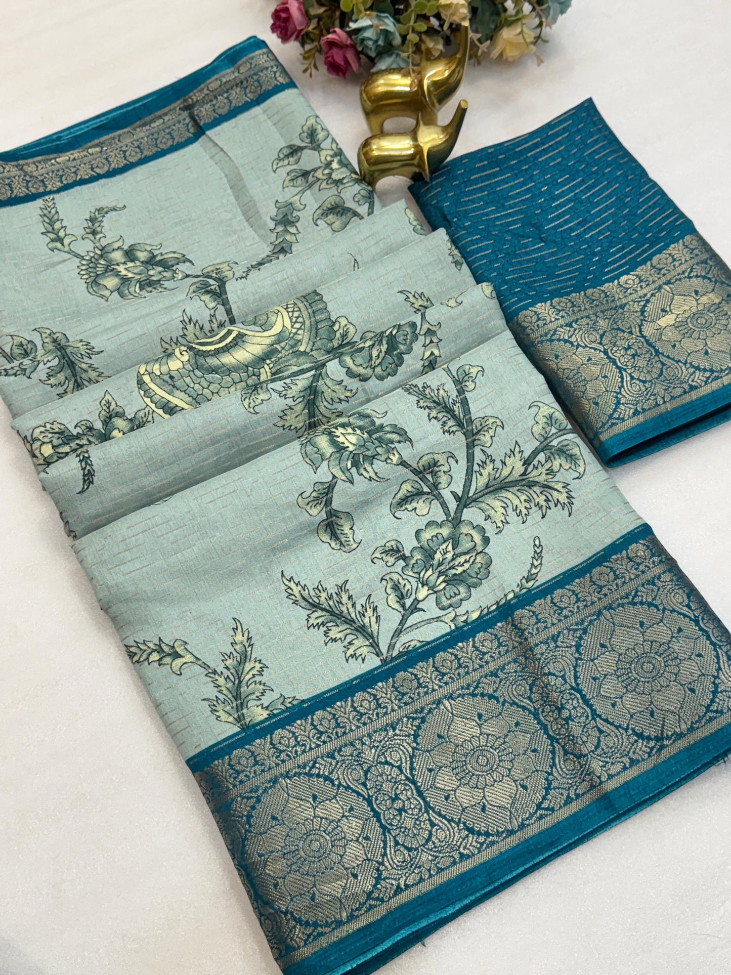 Kayatri New Beautiful Dola silk sarees with all over weaving line Kalmkari print Saree
