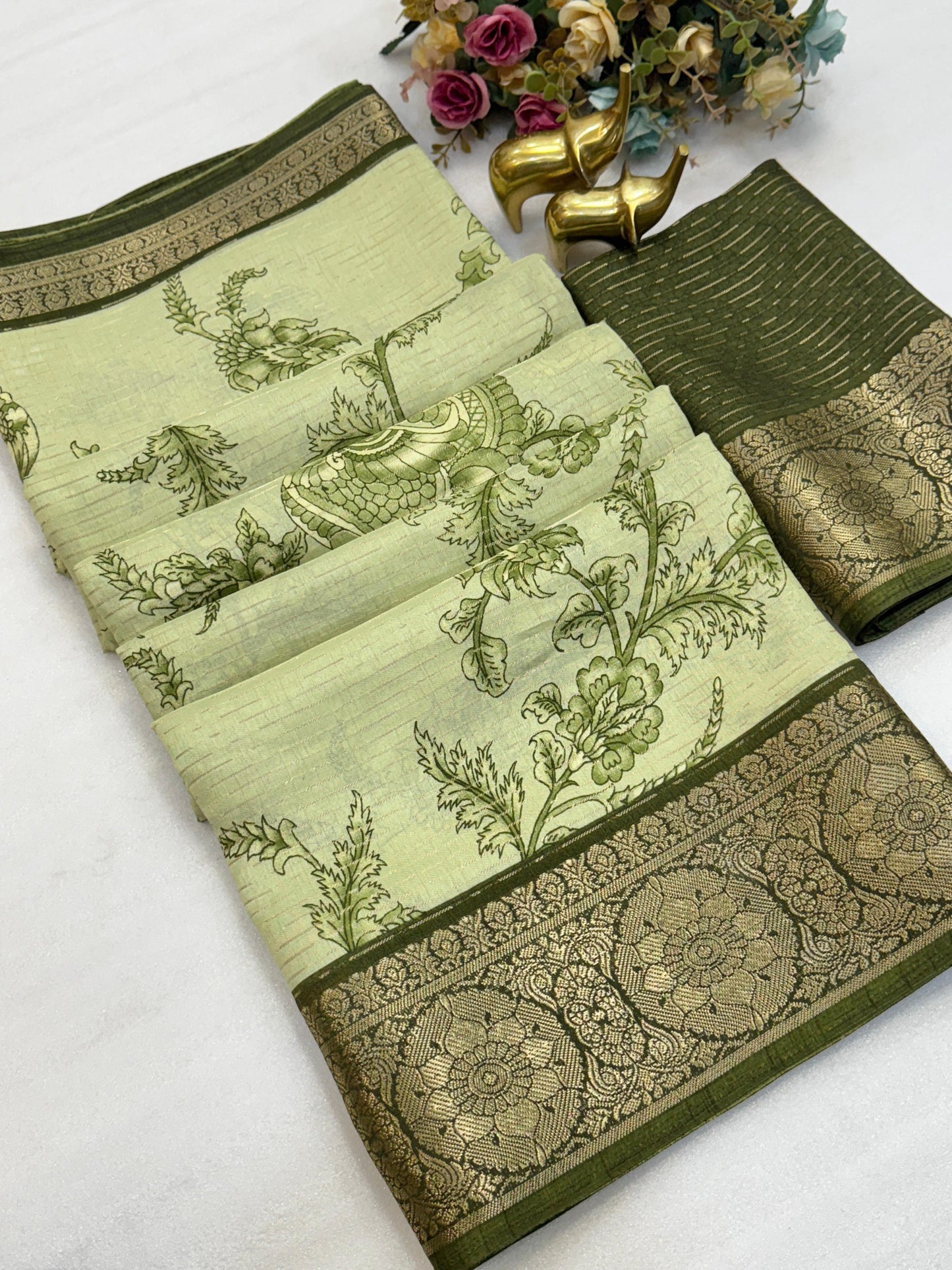 Kayatri New Beautiful Dola silk sarees with all over weaving line Kalmkari print Saree