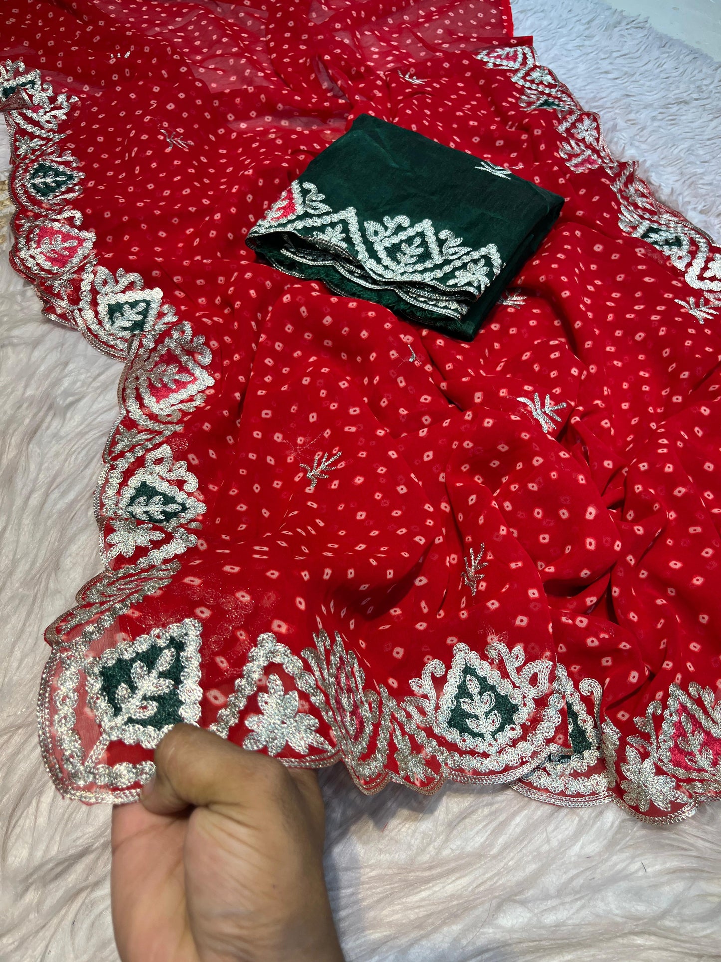 Kawyatri New Georgette bandej saree with c-pallu chain stiched gota Saree