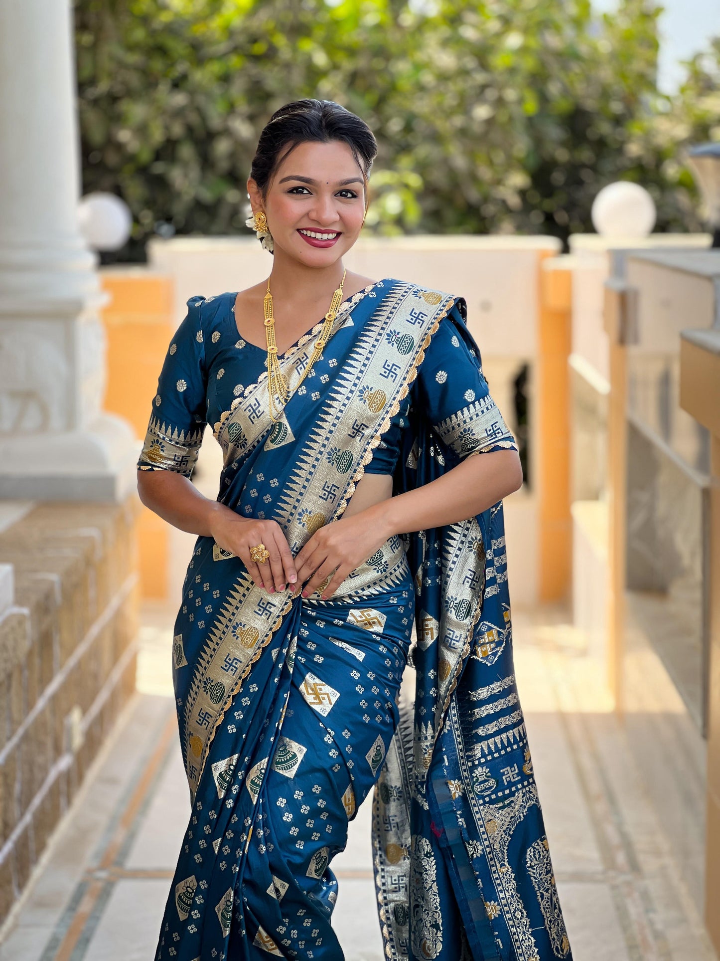 Kayatri New Pure Viscous Dola Silk Swastik & Kalash Design Saree