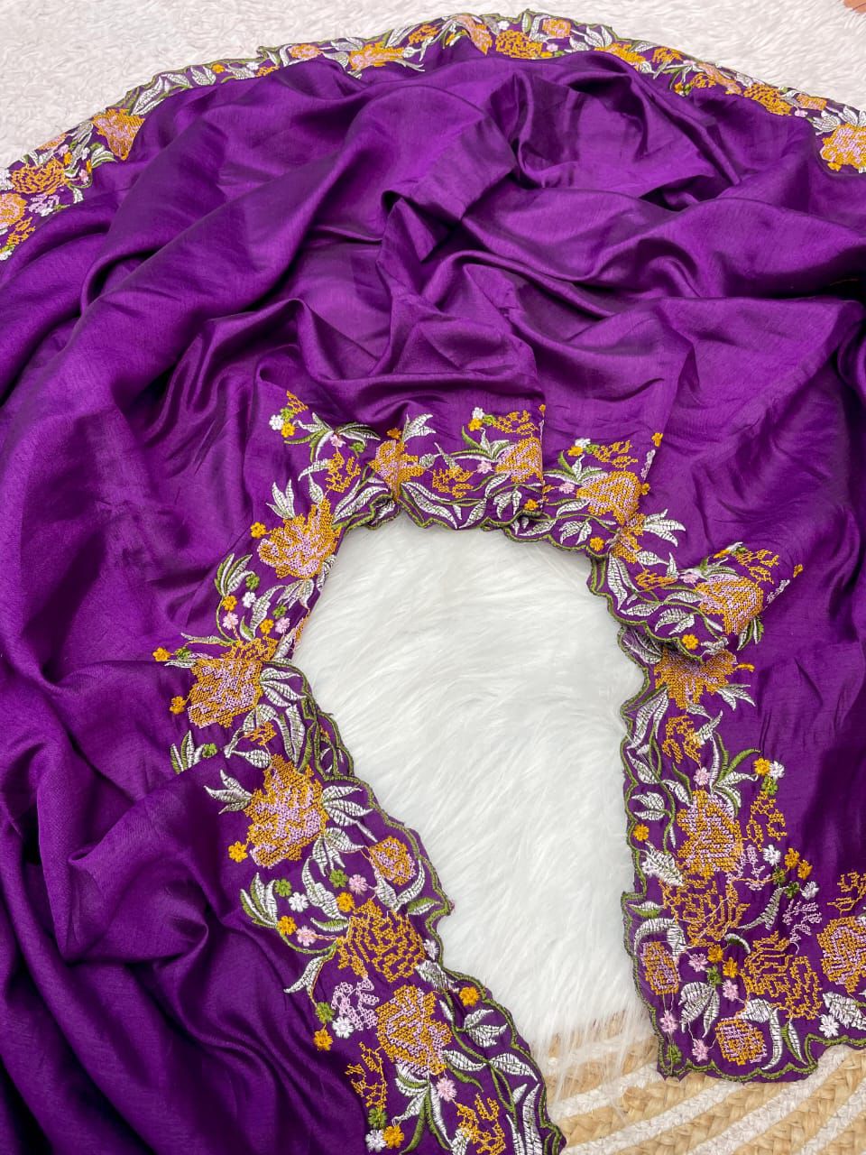 Kayatri New Tussar Silk Fabric With Beautiful Viscouse Thread Embroidery Work (C-Pallu) saree