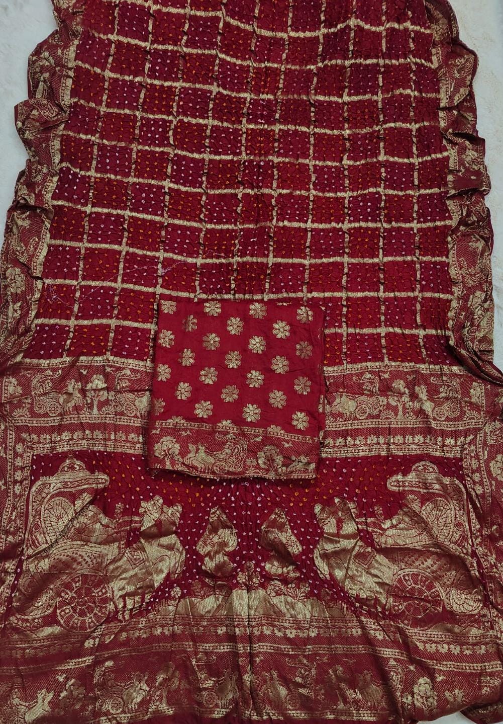 Kayatri New moonga silk bandhej saree with barik rai bandhej with traditional zari border saree