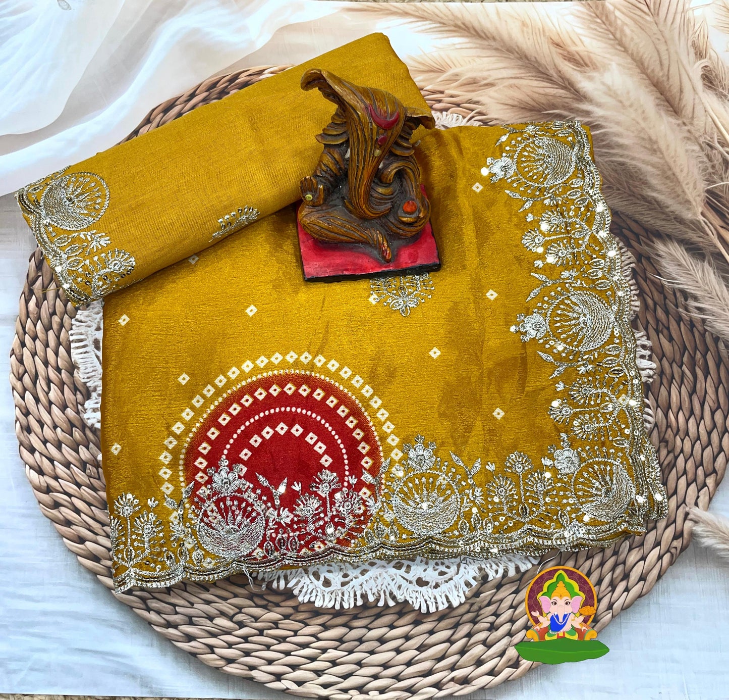 Kayatri New Chinnon Fabric Bandhej Print saree with Zari & Sequence multy work with Cutwork Borde
