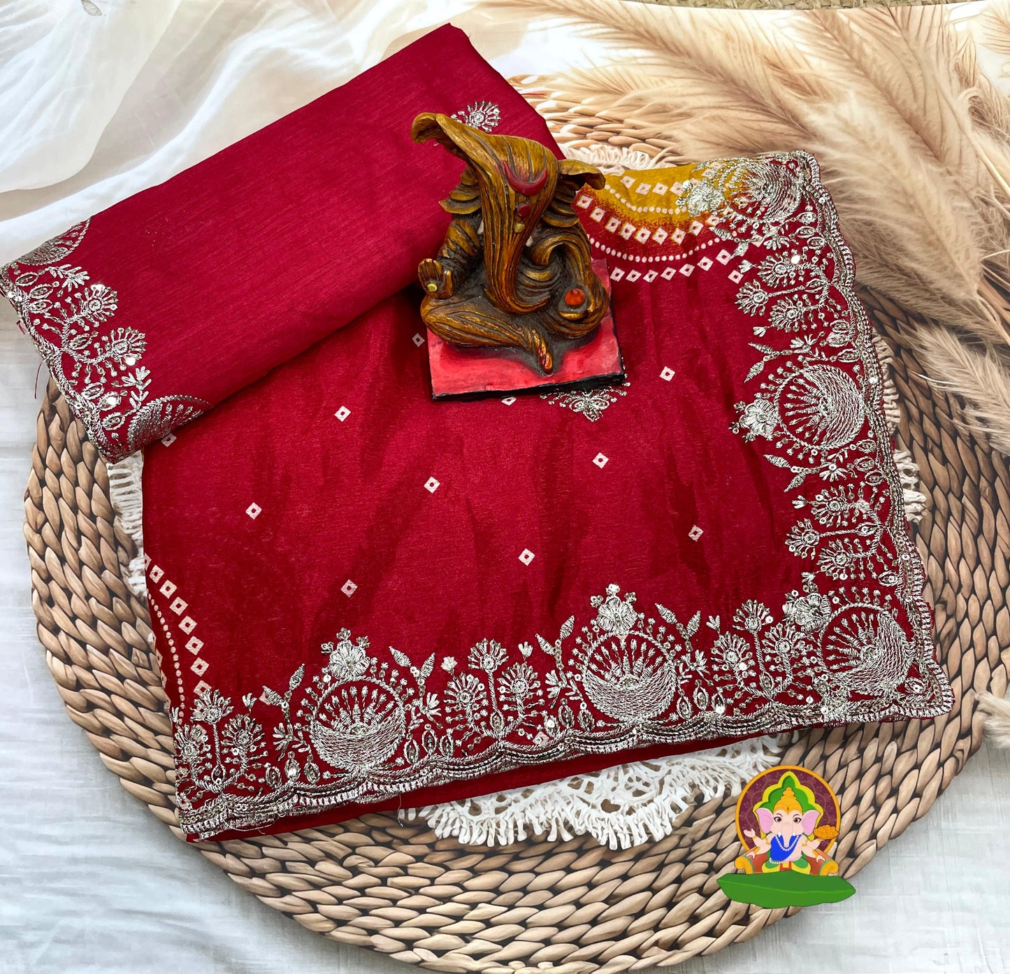 Kayatri New Chinnon Fabric Bandhej Print saree with Zari & Sequence multy work with Cutwork Borde