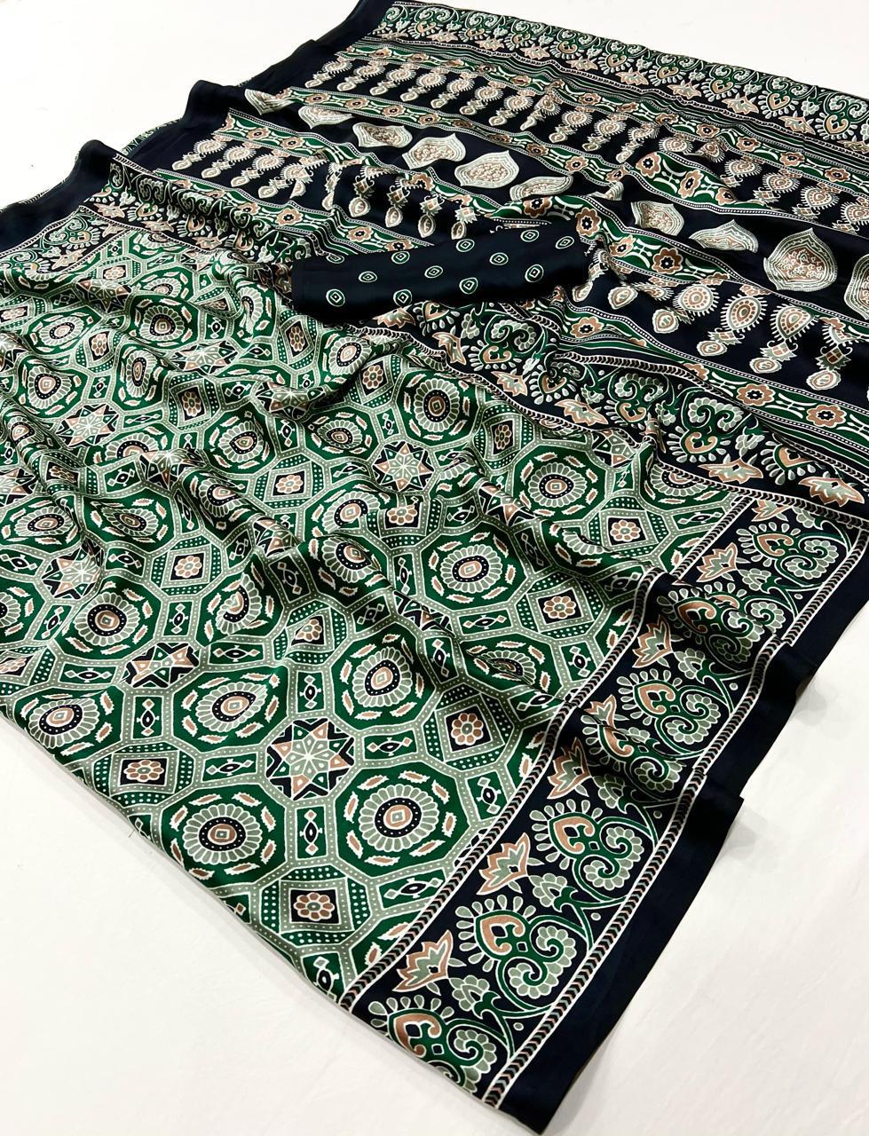 Kayatri New Pure Crape Satin with Ajrak printed Sarees rich Pallu