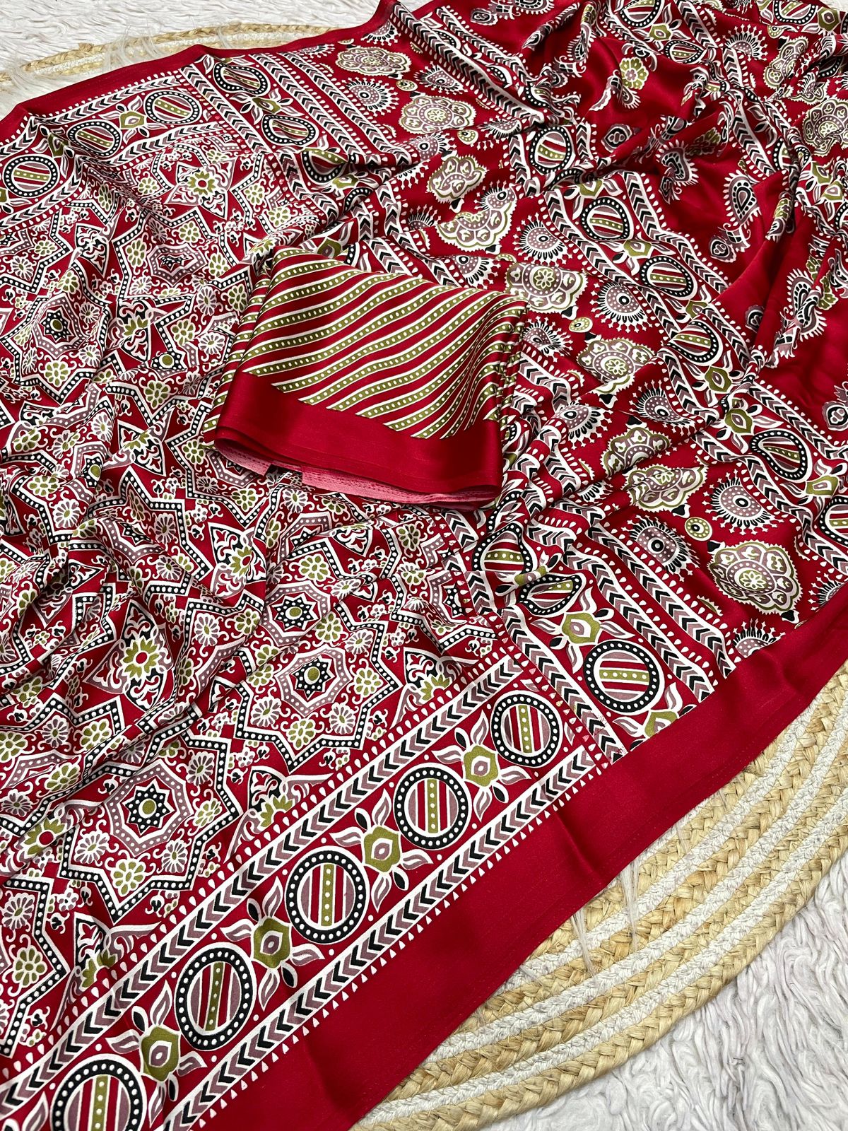 Kayatri New Pure Crape Satin with Ajrak printed Sarees rich Pallu