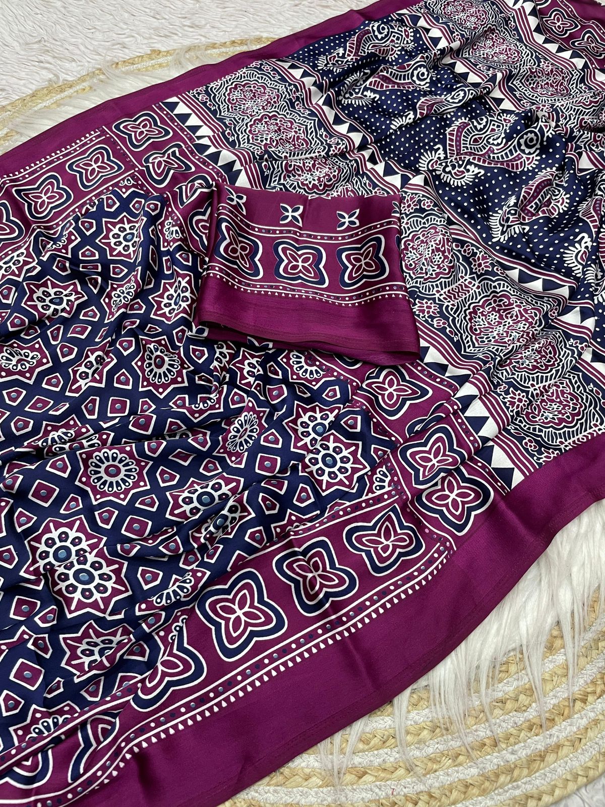 Kayatri New Pure Crape Satin with Ajrak printed Sarees rich Pallu