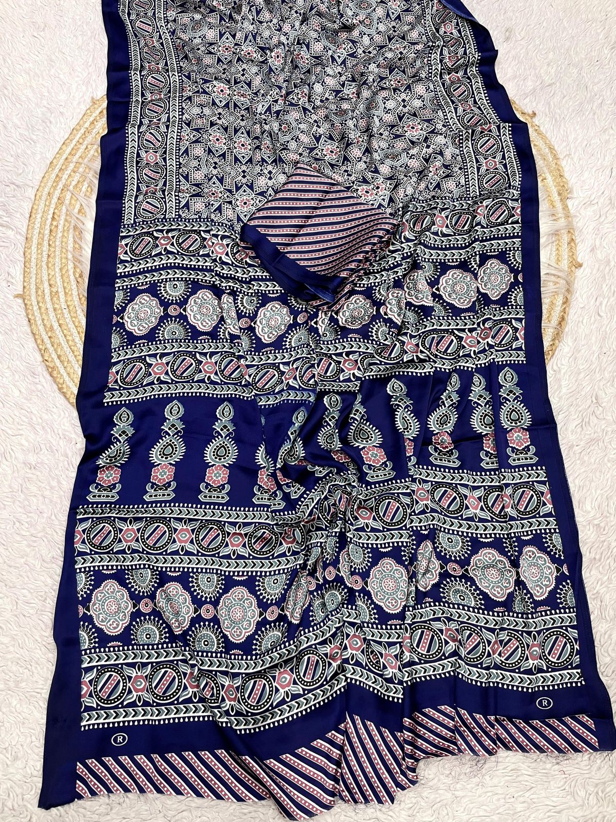Kayatri New Pure Crape Satin with Ajrak printed Sarees rich Pallu