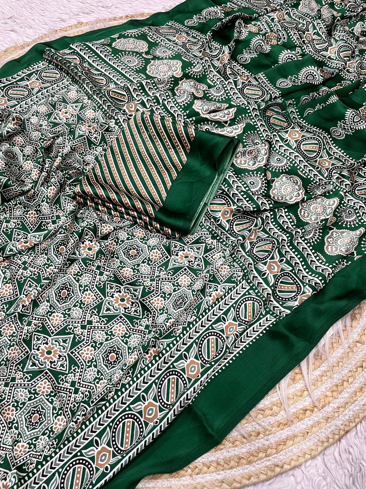 Kayatri New Pure Crape Satin with Ajrak printed Sarees rich Pallu