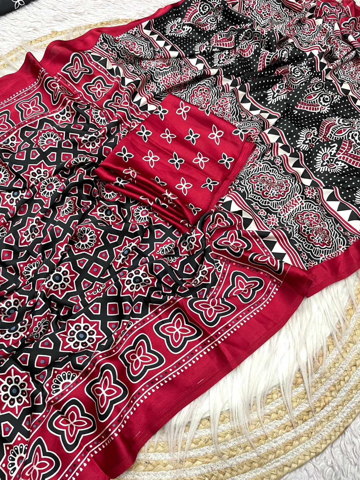 Kayatri New Pure Crape Satin with Ajrak printed Sarees rich Pallu