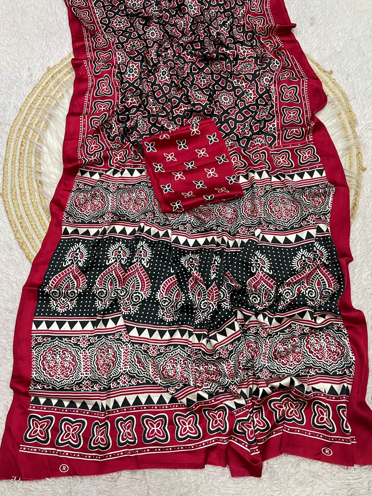 Kayatri New Pure Crape Satin with Ajrak printed Sarees rich Pallu