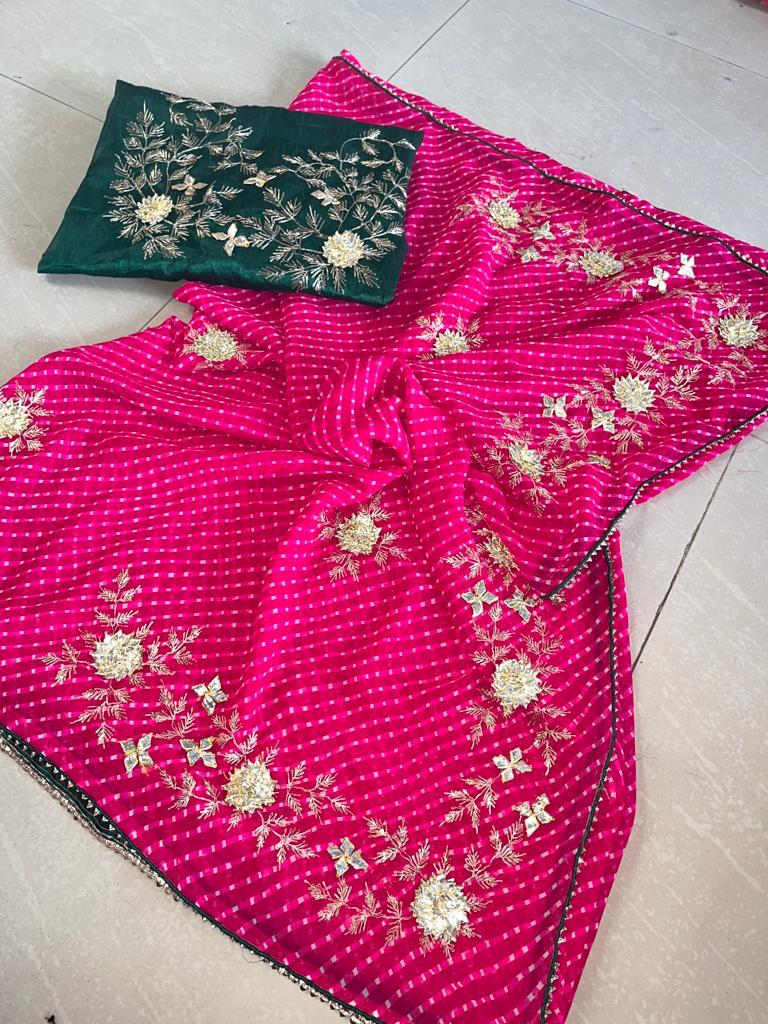 Kayatri New Jeorget fabric lehriya modhtra saree with heavy piittan gotta Patti work saree