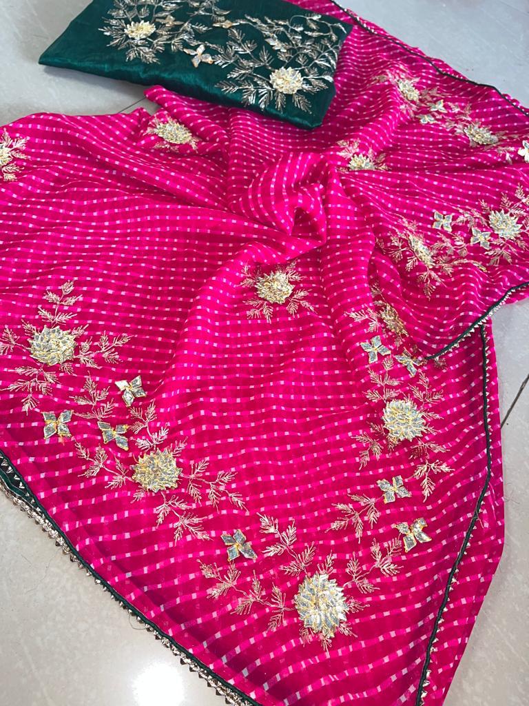 Kayatri New Jeorget fabric lehriya modhtra saree with heavy piittan gotta Patti work saree