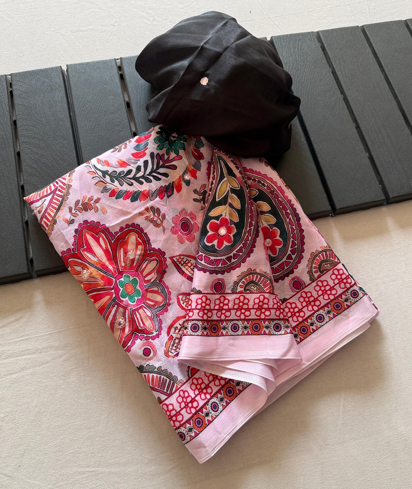 Kayatri New Soft Shinon Fabric With Beautiful Floral Digital Print With Mirror Embroidery Work Saree