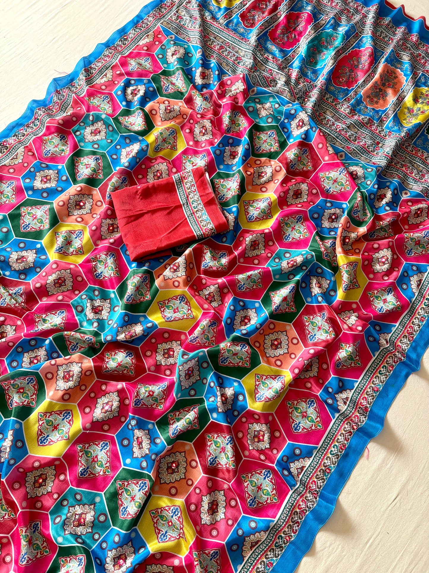 Kayatri New Soft Shinon Fabric With Beautiful Floral Digital Print With Mirror Embroidery Work Saree