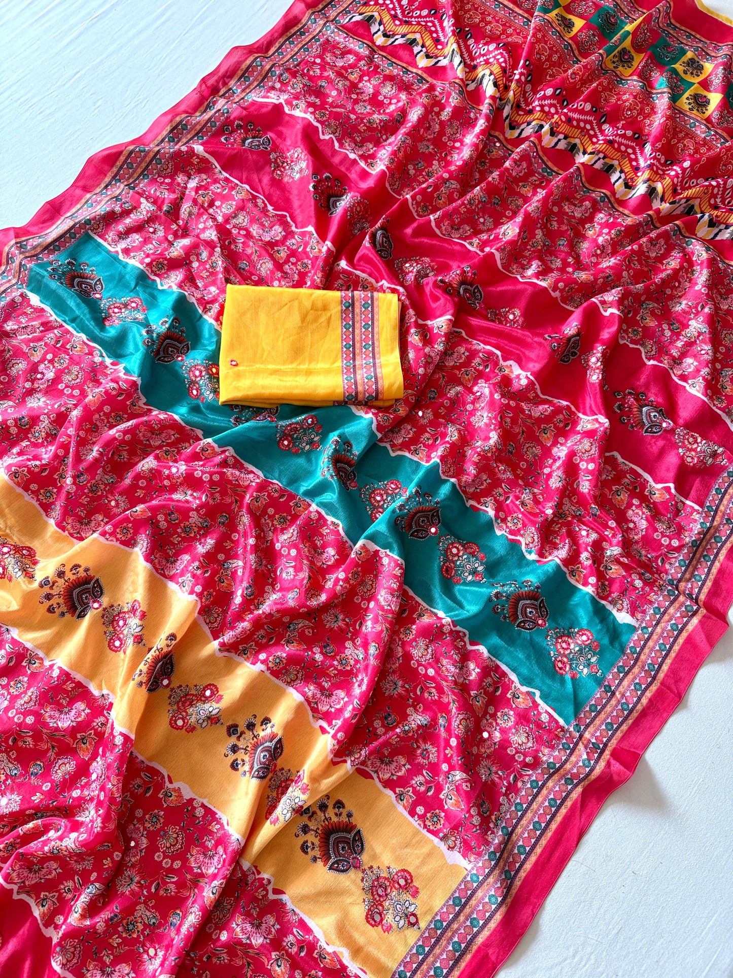 Kayatri New Soft Shinon Fabric With Beautiful Floral Digital Print With Mirror Embroidery Work Saree