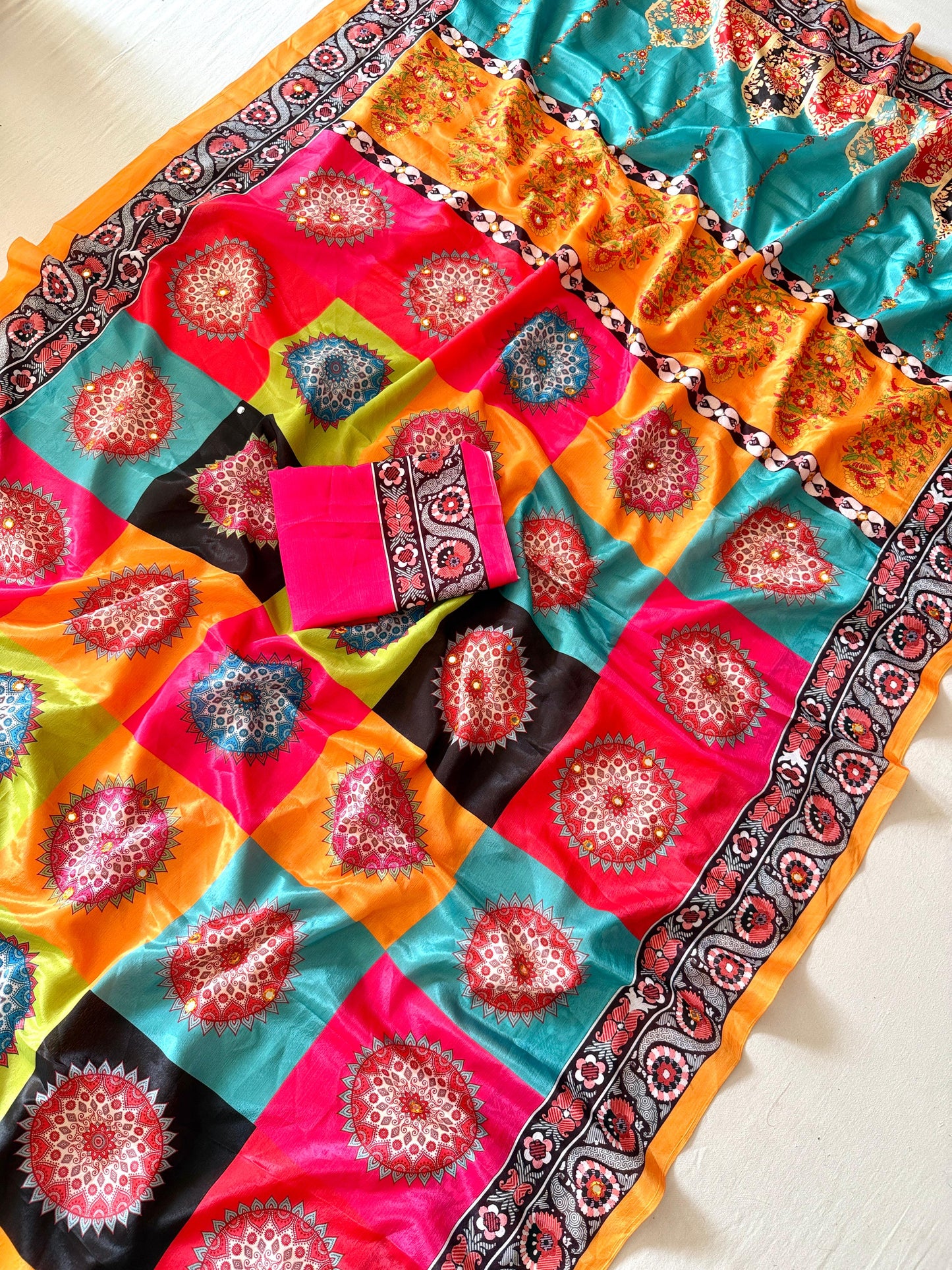 Kayatri New Soft Shinon Fabric With Beautiful Floral Digital Print With Mirror Embroidery Work Saree