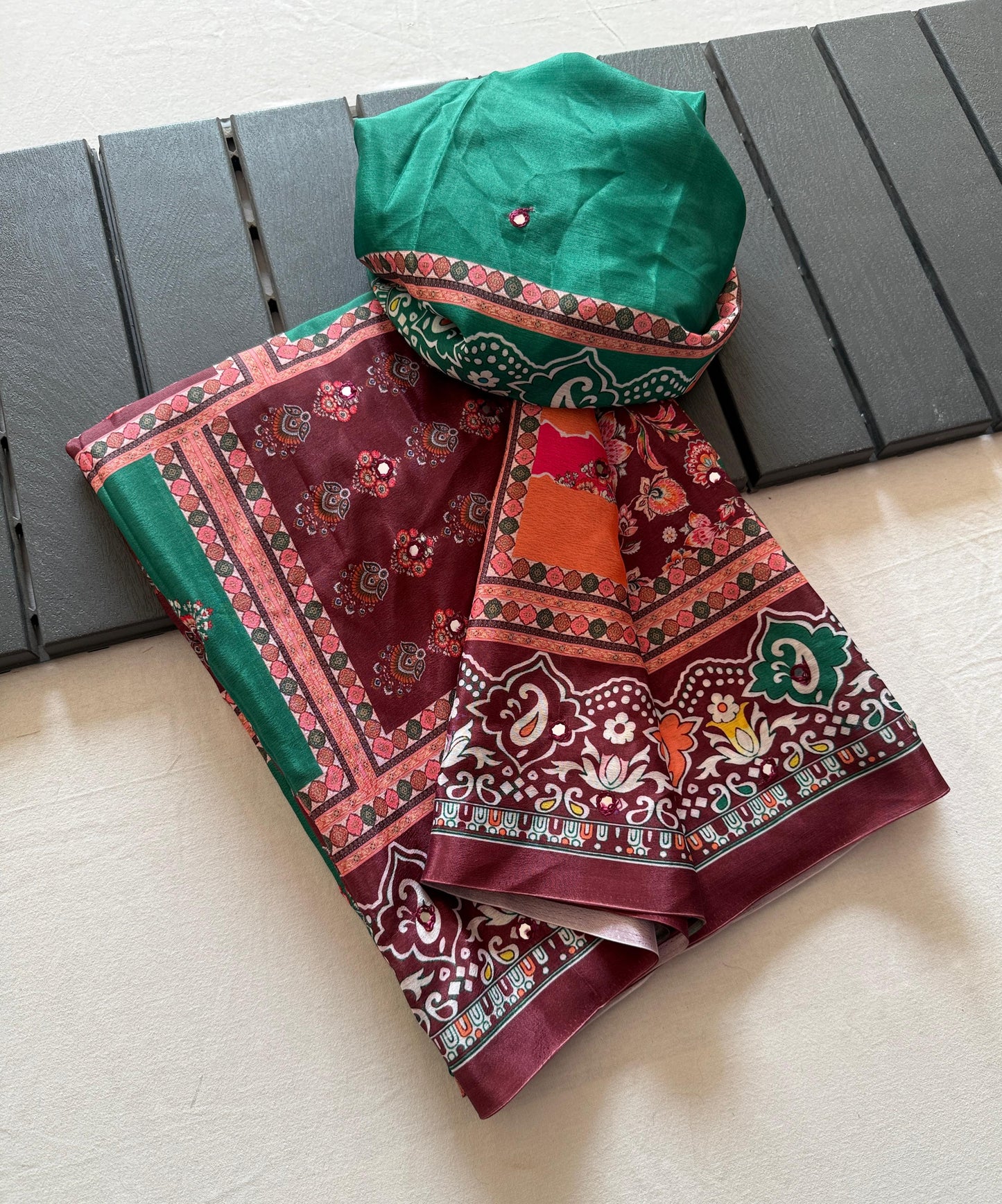 Kayatri New Soft Shinon Fabric With Beautiful Floral Digital Print With Mirror Embroidery Work Saree