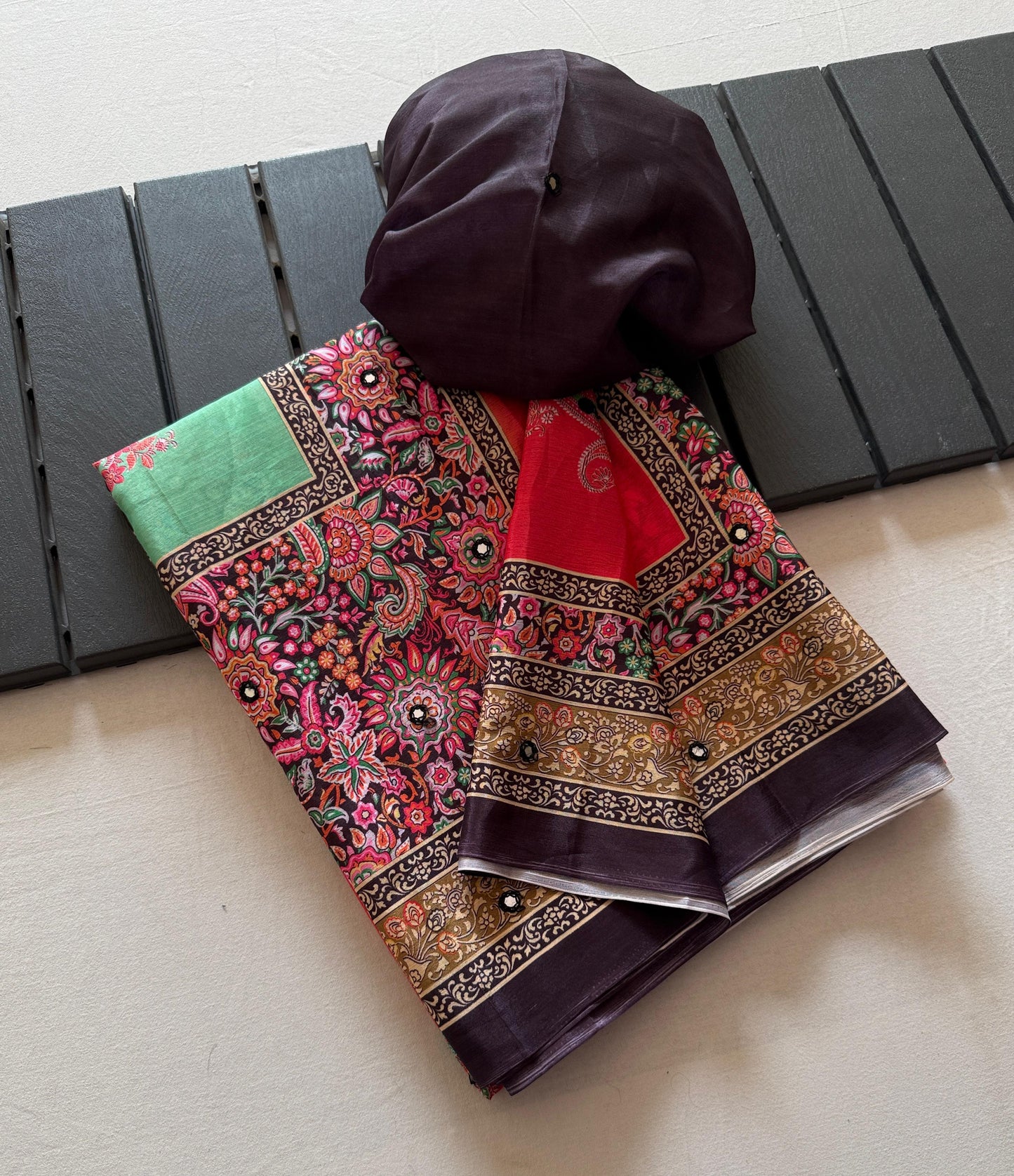 Kayatri New Soft Shinon Fabric With Beautiful Floral Digital Print With Mirror Embroidery Work Saree