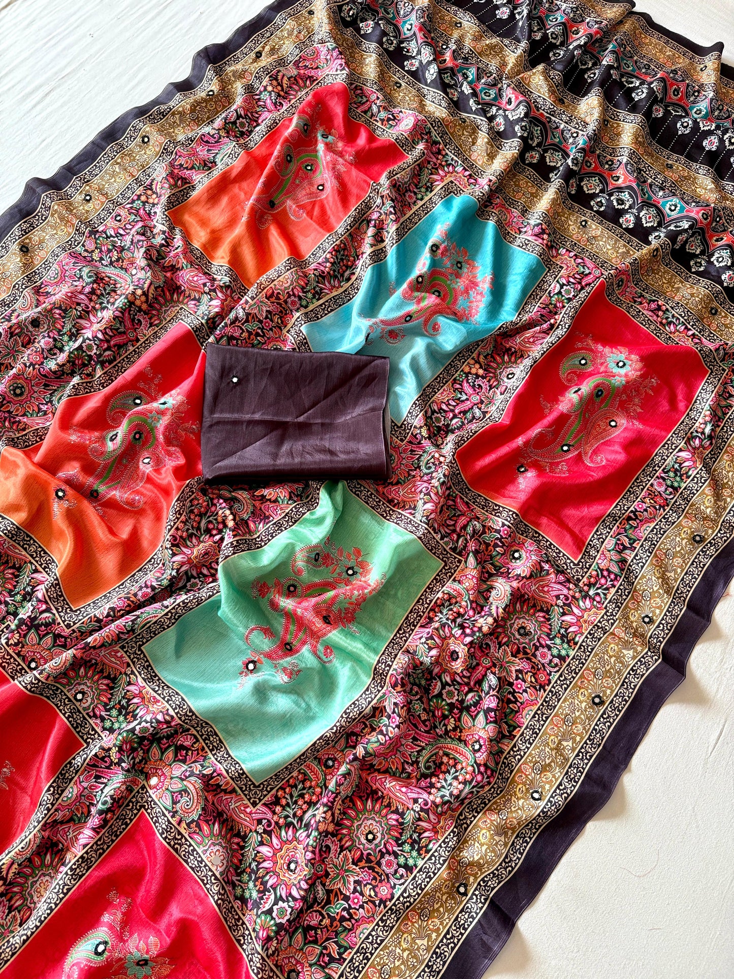 Kayatri New Soft Shinon Fabric With Beautiful Floral Digital Print With Mirror Embroidery Work Saree