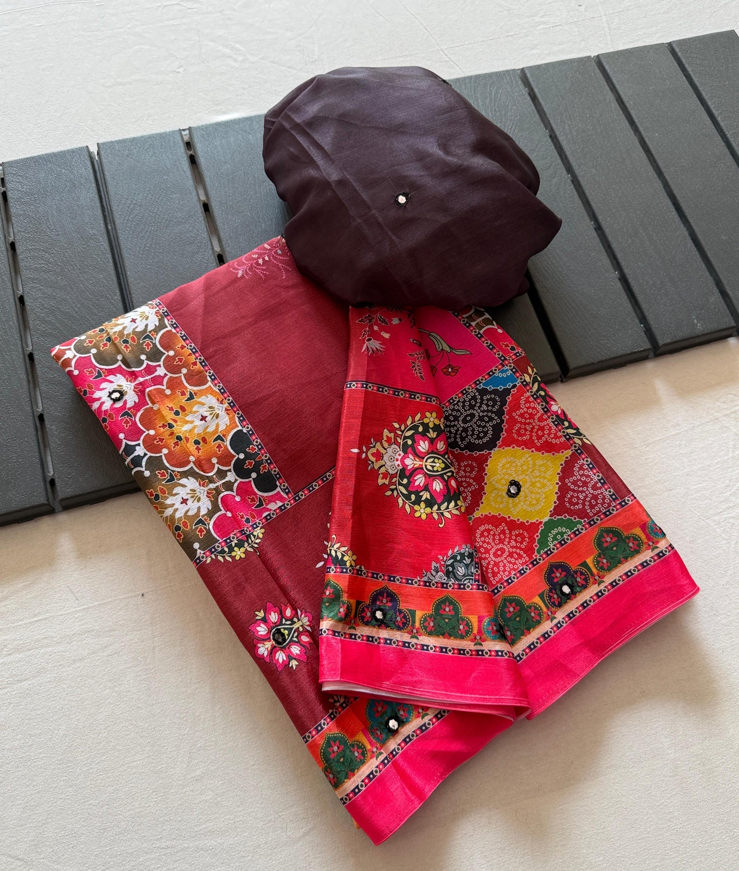 Kayatri New Soft Shinon Fabric With Beautiful Floral Digital Print With Mirror Embroidery Work Saree