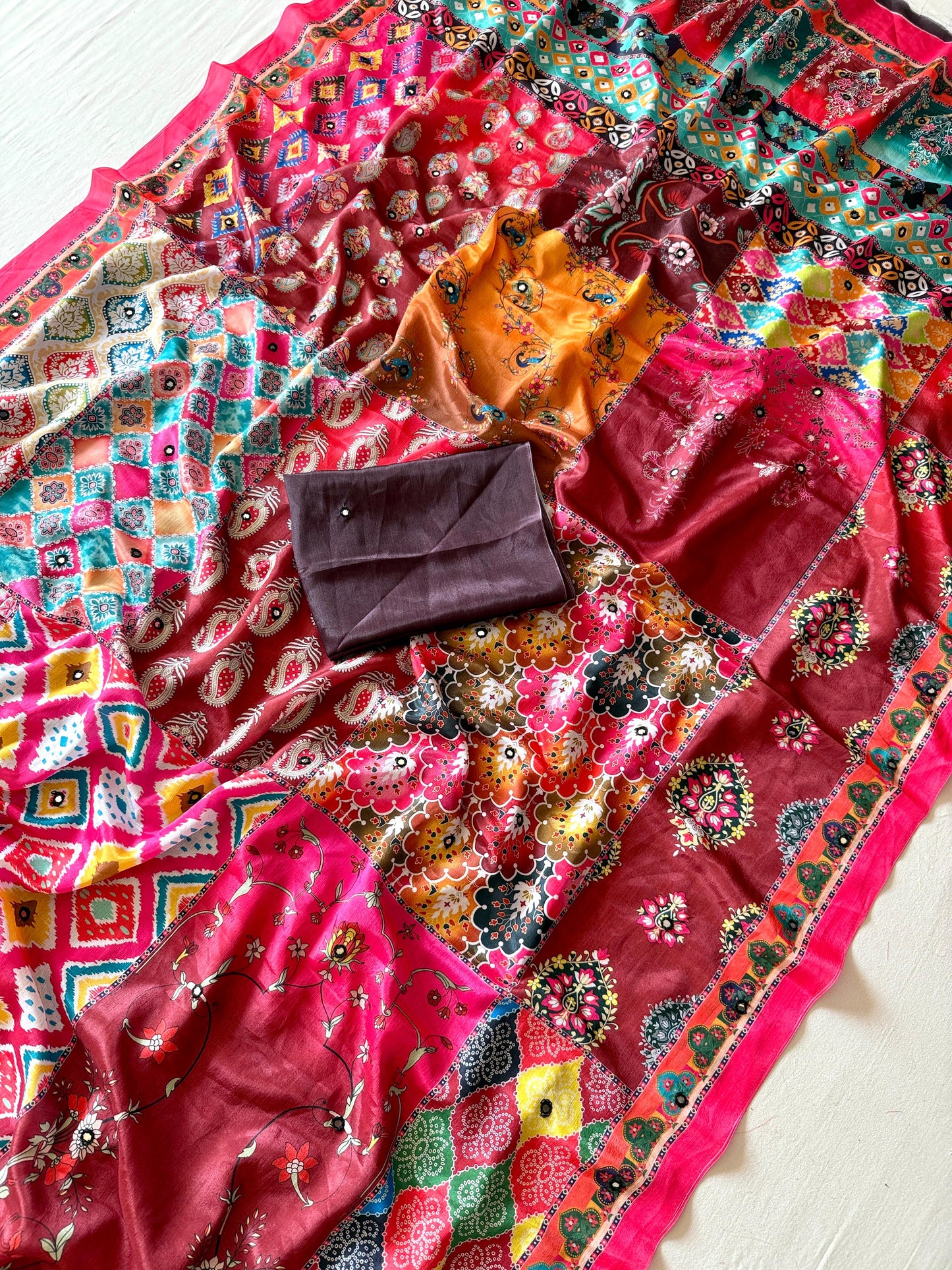 Kayatri New Soft Shinon Fabric With Beautiful Floral Digital Print With Mirror Embroidery Work Saree