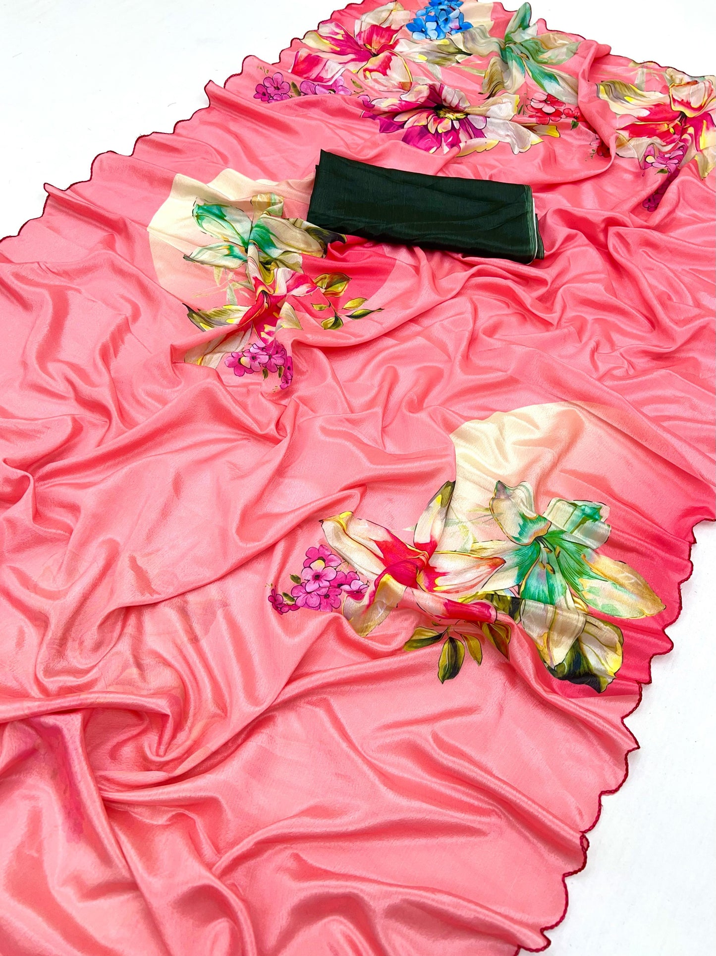 Kayatri New Soft Shinon Fabric With Beautiful Floral Print And Contrast Arco Cutwork Bordar Saree