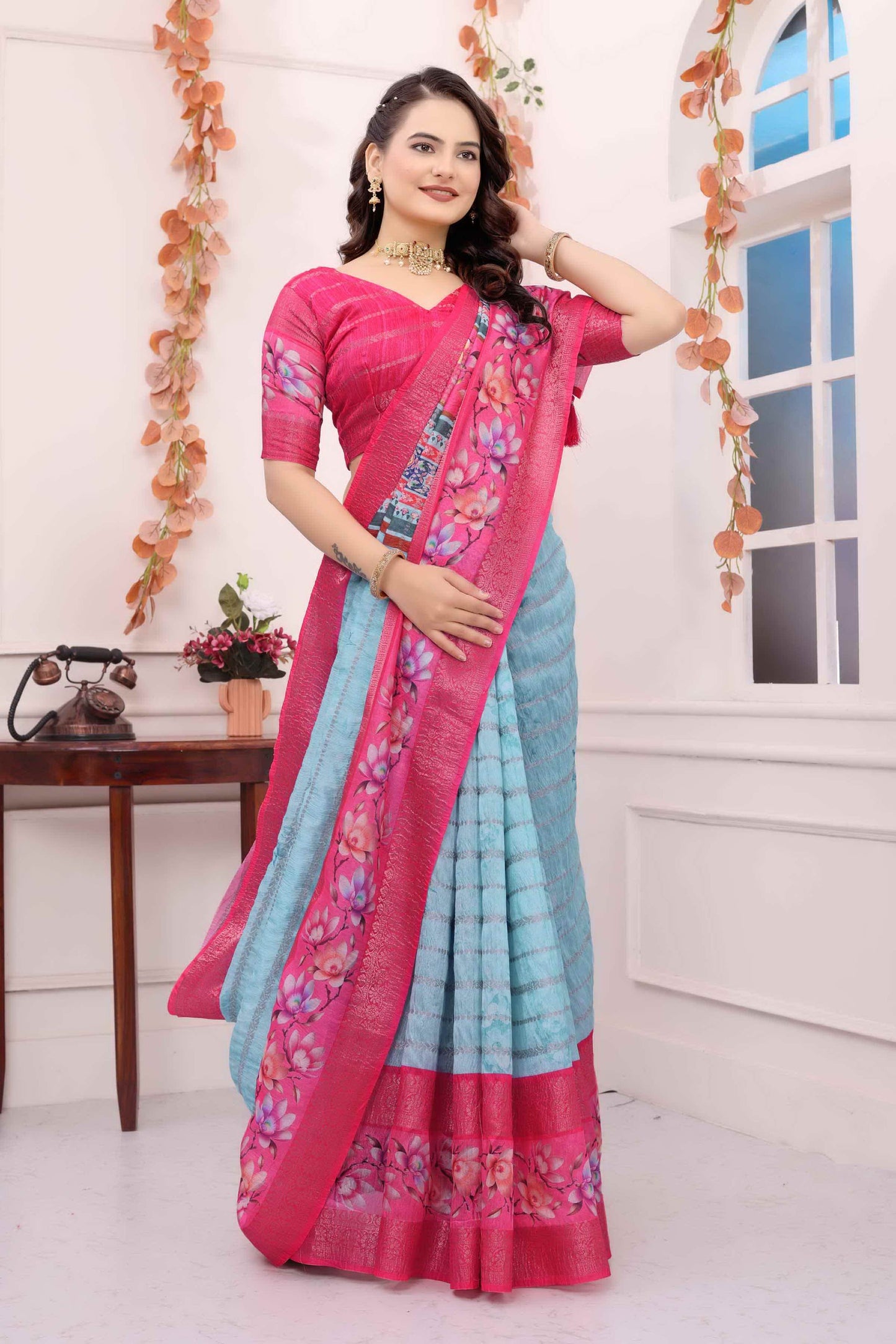 Kayatri New Soft c silk saree with zari lining body n bentex weave border embellished with digital printed saree