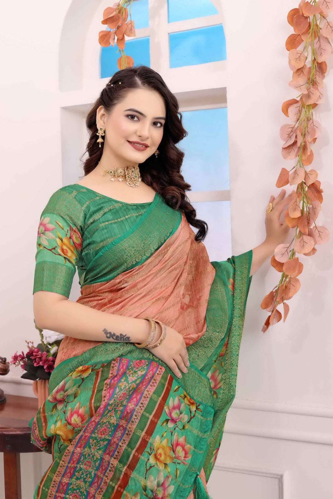 Kayatri New Soft c silk saree with zari lining body n bentex weave border embellished with digital printed saree
