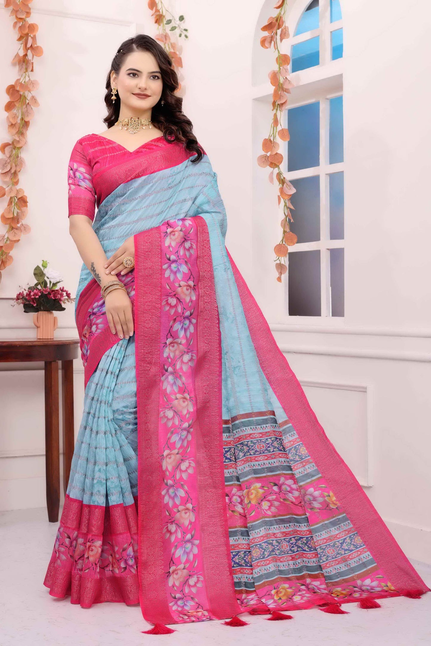 Kayatri New Soft c silk saree with zari lining body n bentex weave border embellished with digital printed saree