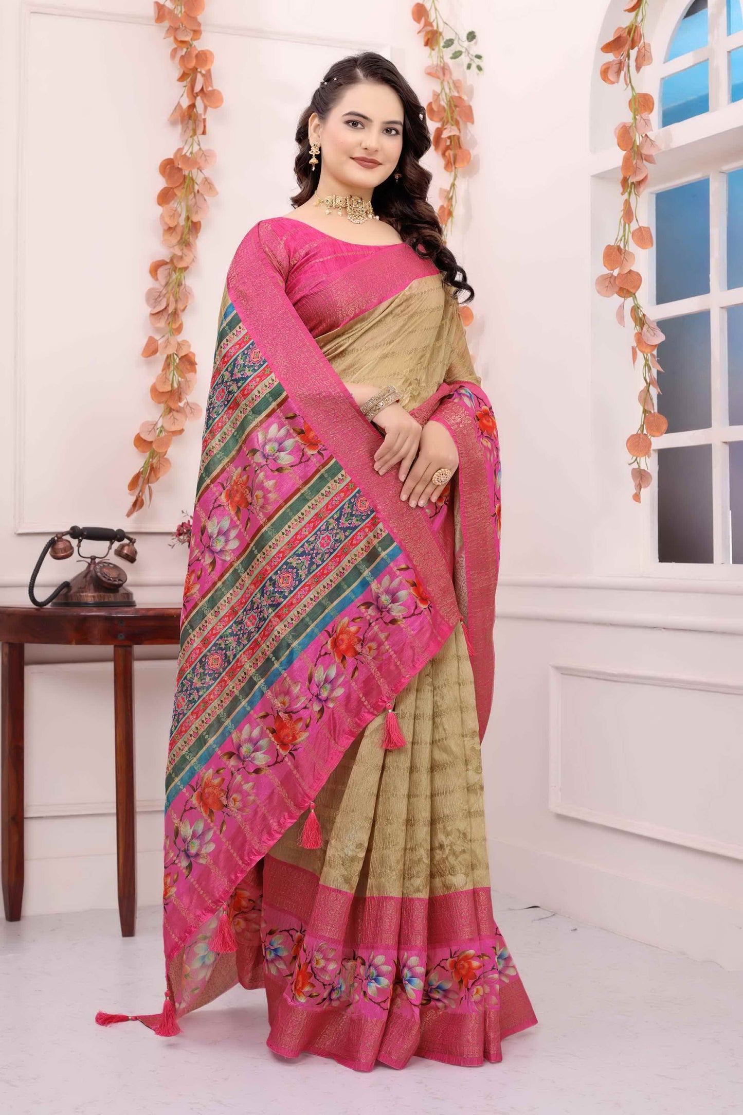 Kayatri New Soft c silk saree with zari lining body n bentex weave border embellished with digital printed saree