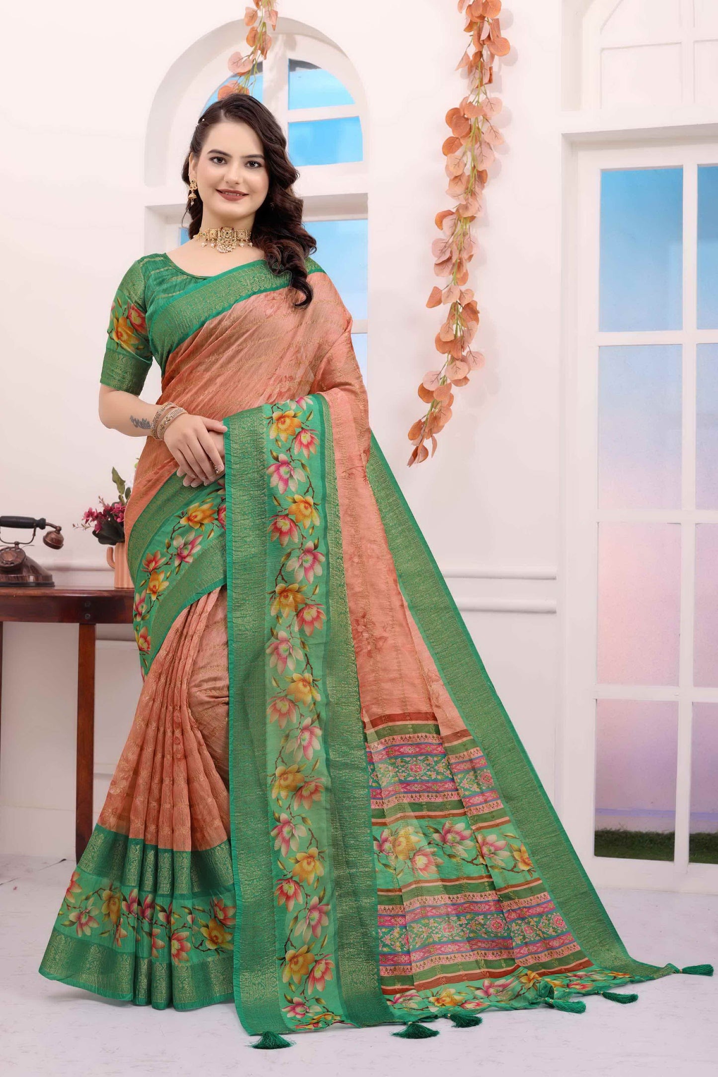 Kayatri New Soft c silk saree with zari lining body n bentex weave border embellished with digital printed saree