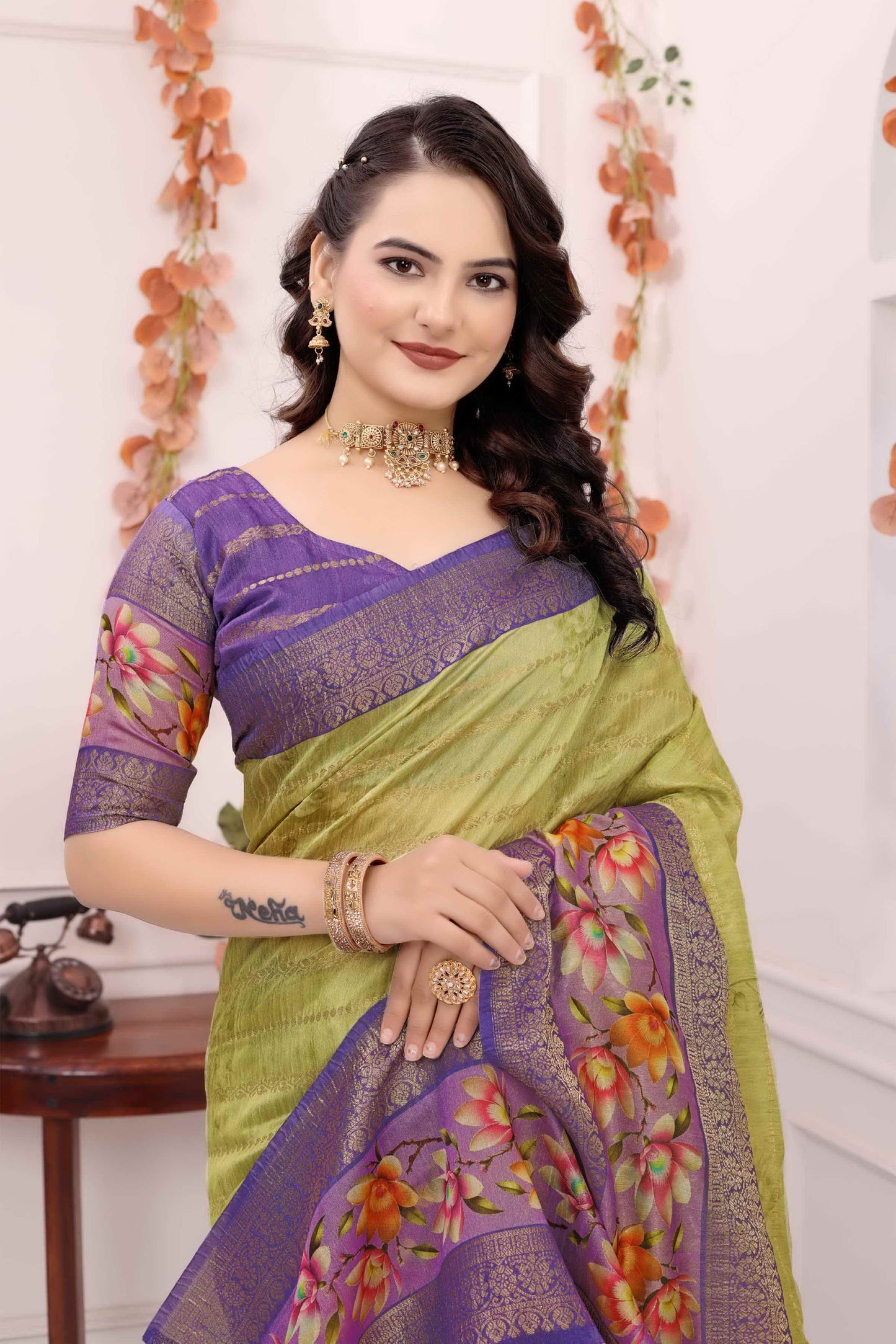 Kayatri New Soft c silk saree with zari lining body n bentex weave border embellished with digital printed saree