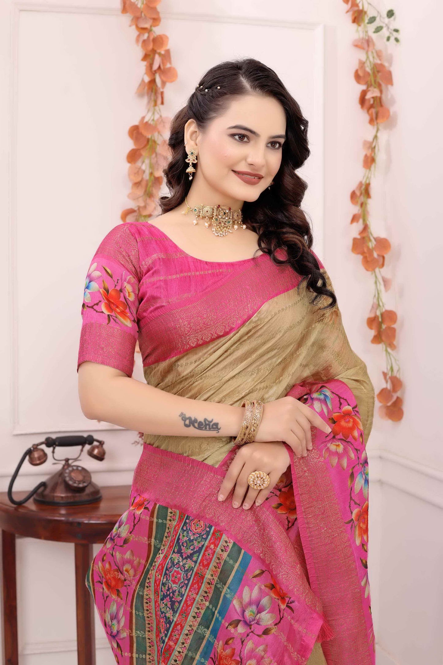 Kayatri New Soft c silk saree with zari lining body n bentex weave border embellished with digital printed saree