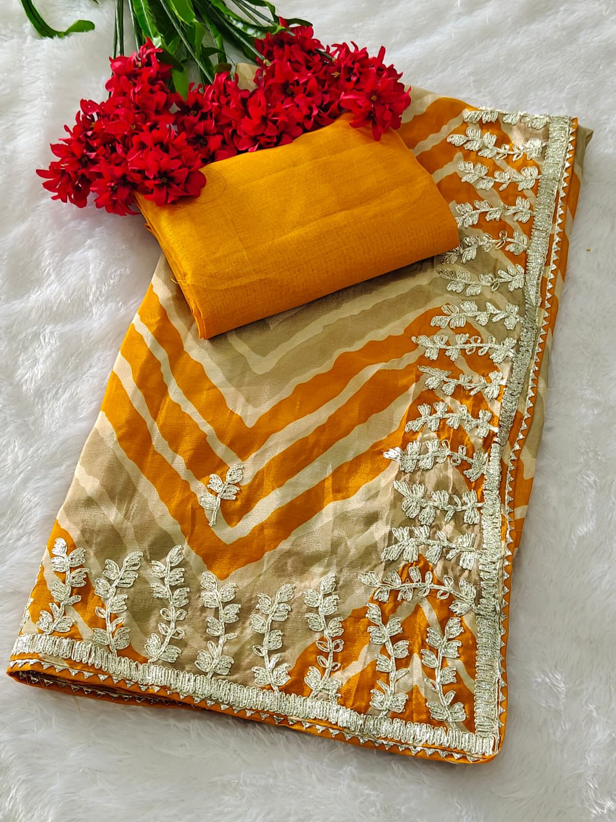 Kayatri New Chinon lehriya print designer Riban work saree