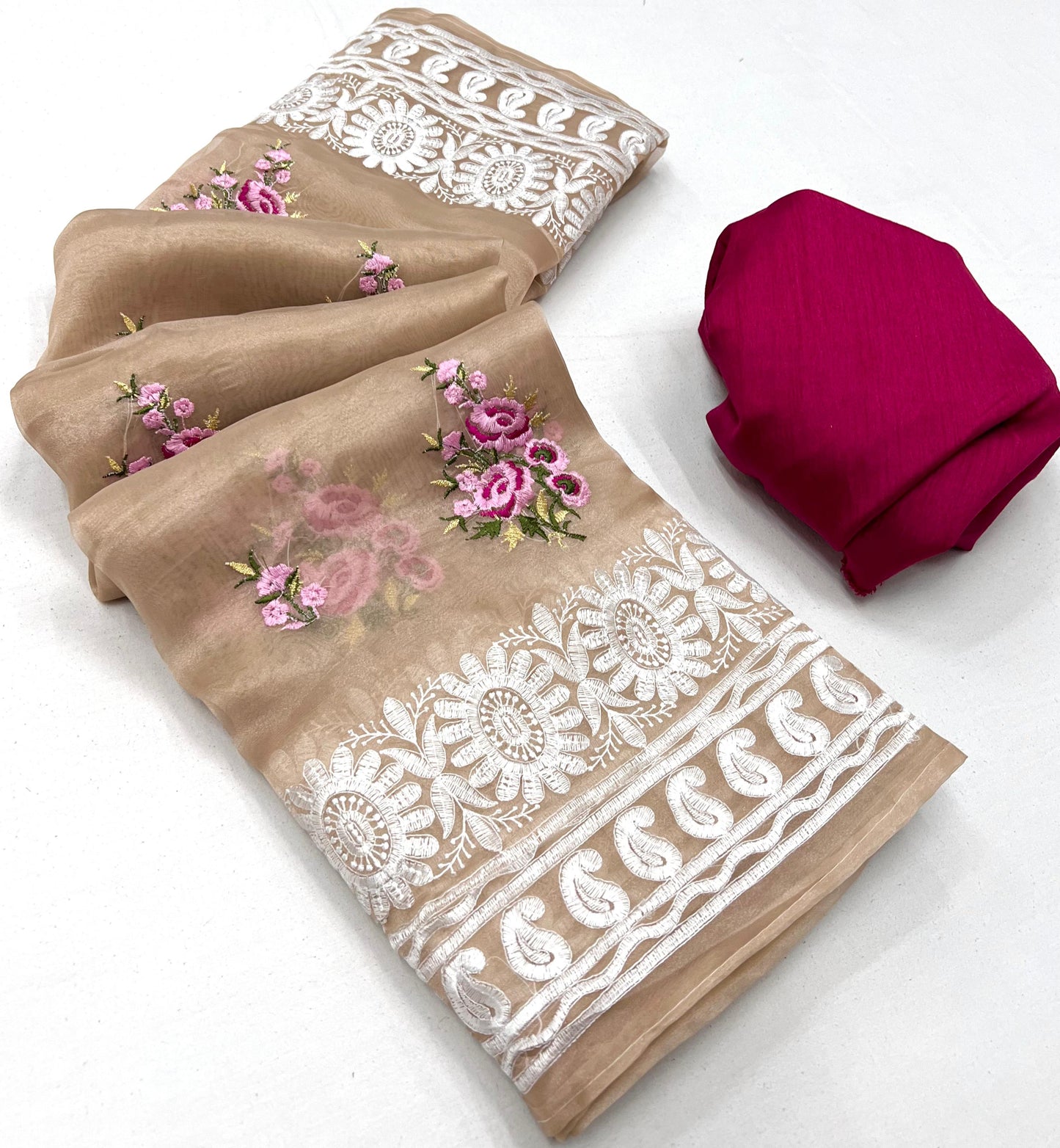 Kayatri New Soft Orgenza Saree with C pallu Beautiful Embroidery Work All Over Saree
