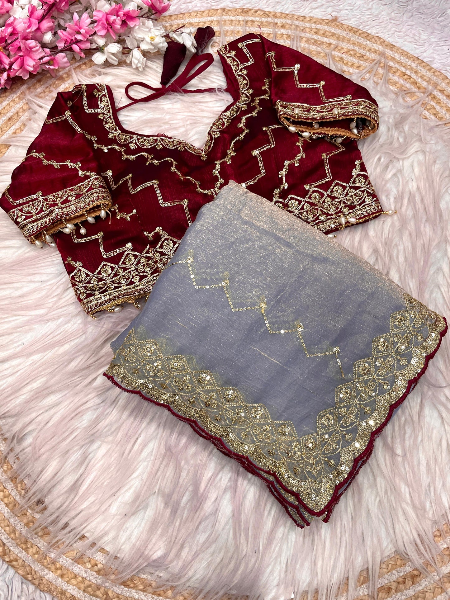 Kayatri New Fendy Chiffon two ton fully stitched Coding sequence embroidery blouse with Moti lace touch saree