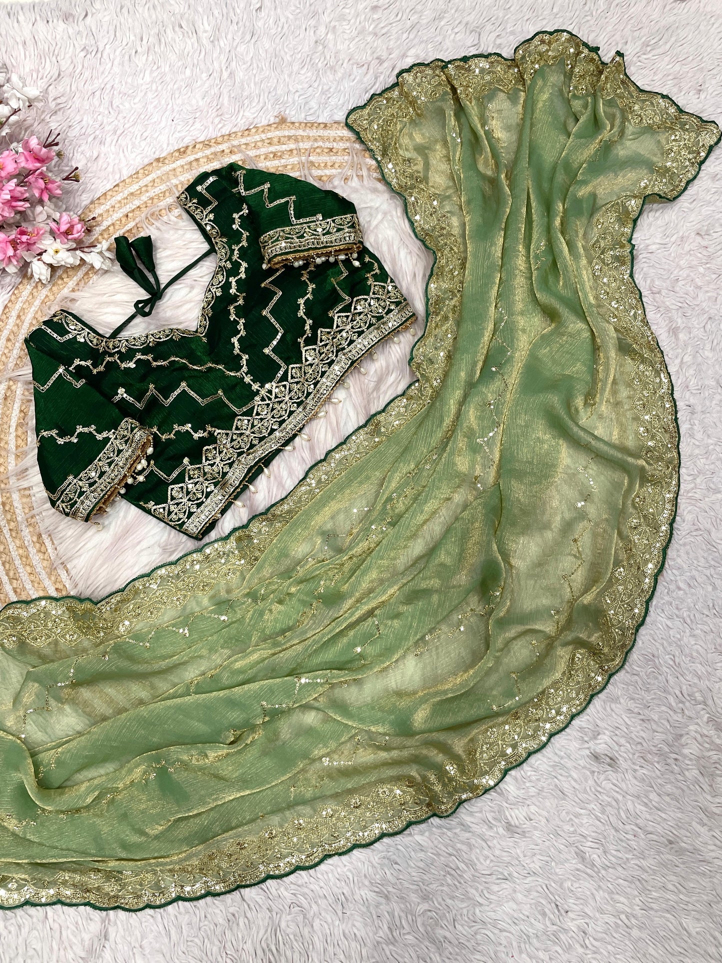 Kayatri New Fendy Chiffon two ton fully stitched Coding sequence embroidery blouse with Moti lace touch saree