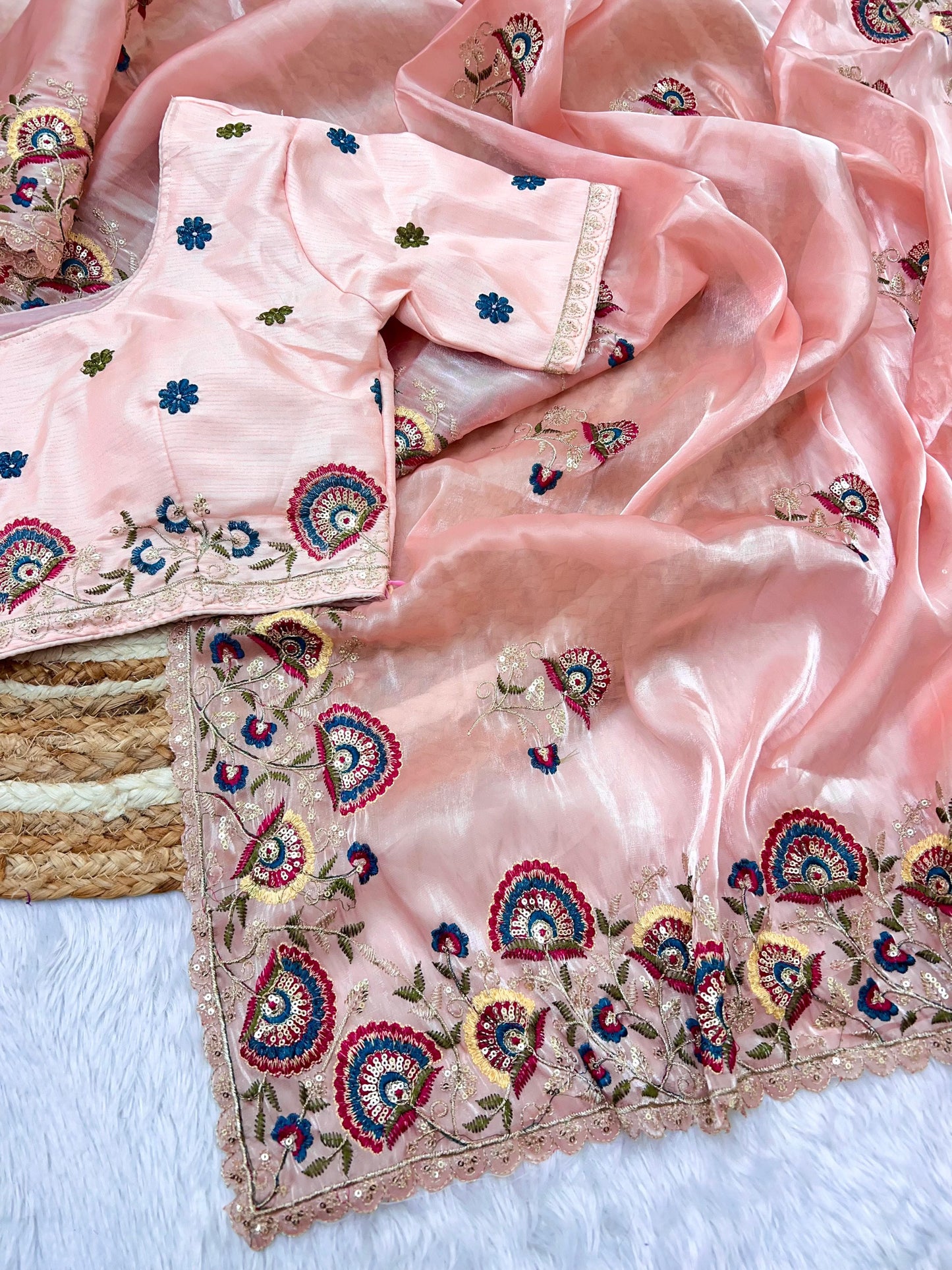 Kayatri New Shinning pure crystal silk Jimmy choo sarees with seqnce & zari n Flower malti embroidered all over saree
