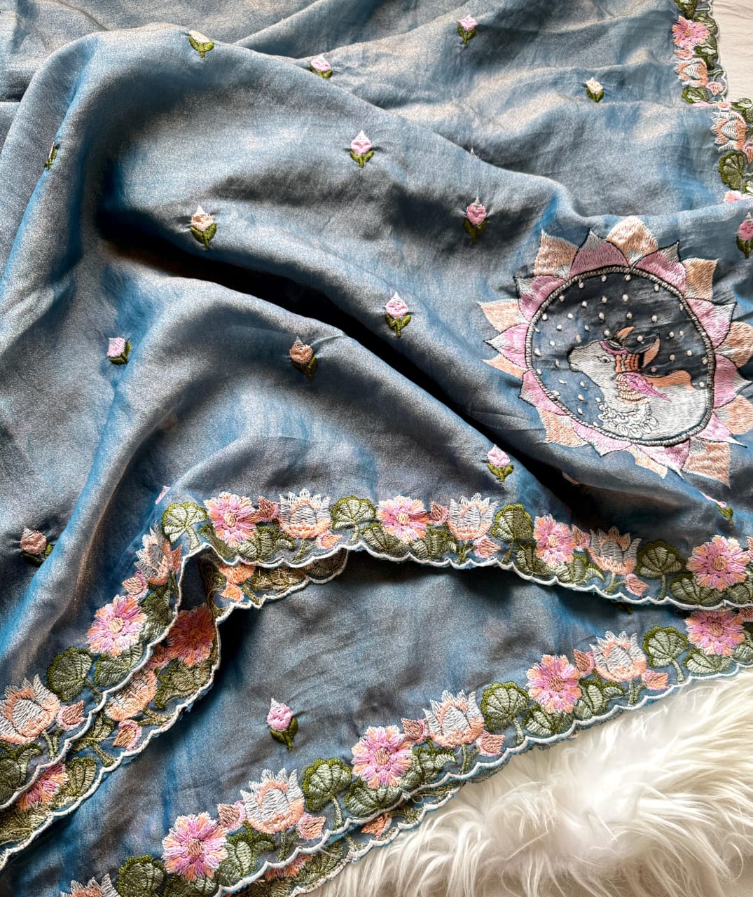 Kayatri New Pure Moss fabric Saree with premium floral embroidery all over the Saree