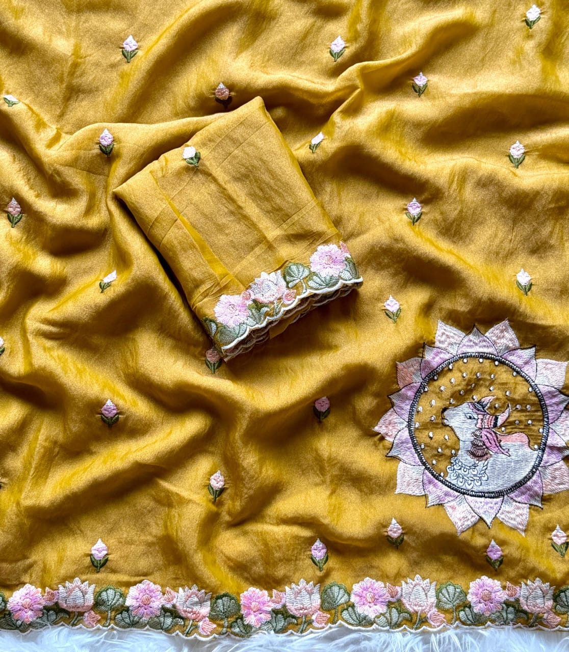 Kayatri New Pure Moss fabric Saree with premium floral embroidery all over the Saree