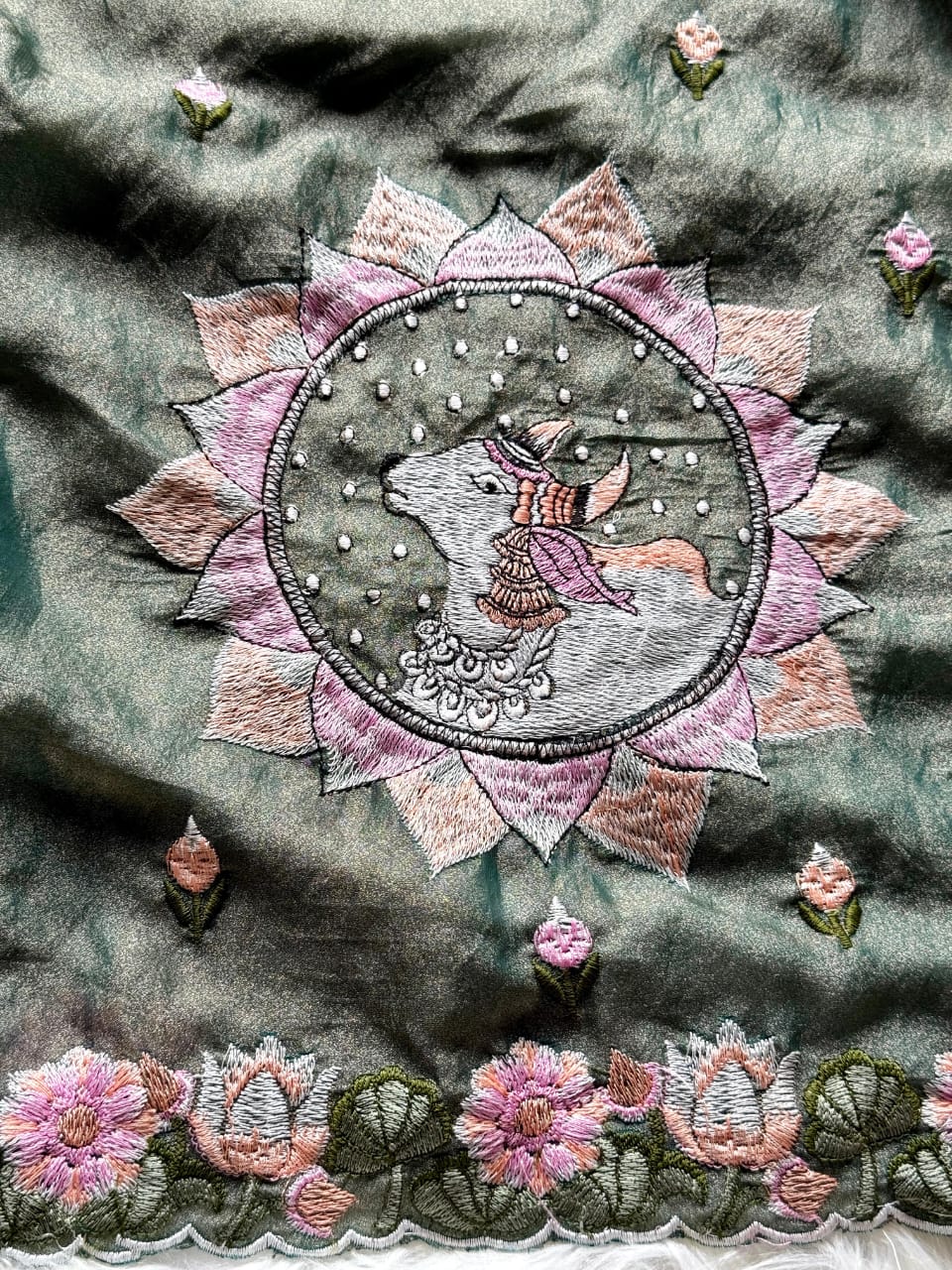 Kayatri New Pure Moss fabric Saree with premium floral embroidery all over the Saree