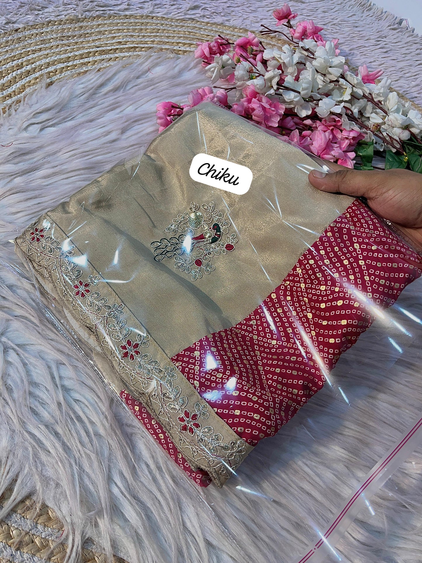 Kayatri New half pallu nd chinon with beautiful heavy coding multi with sequence work butta in whole saree