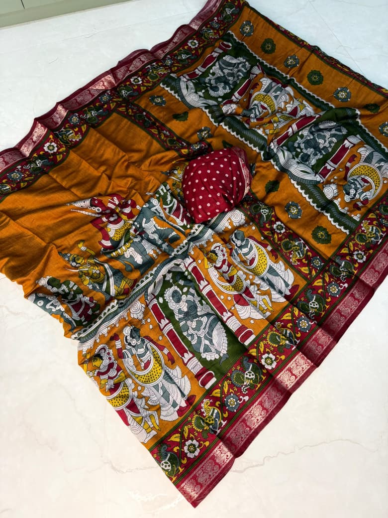 Kayatri New Soft Mangalagiri silk sarees with pen kalamkari design