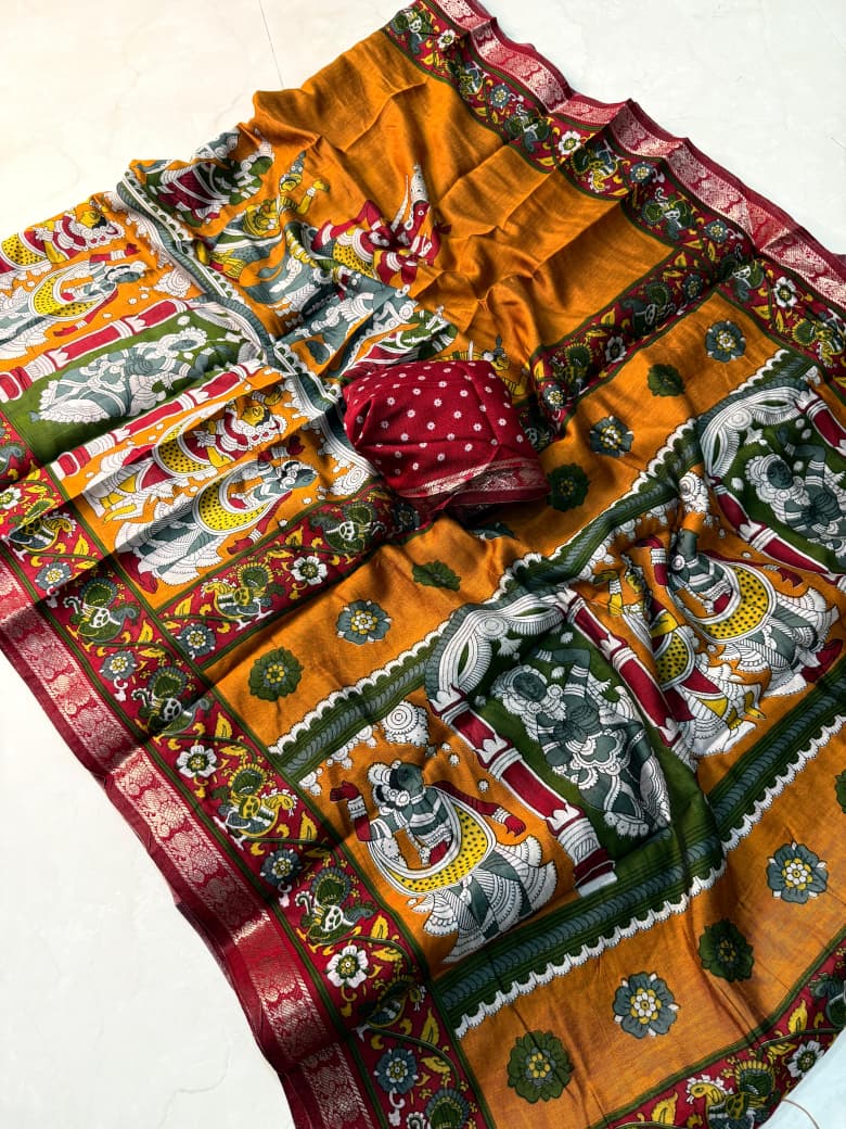 Kayatri New Soft Mangalagiri silk sarees with pen kalamkari design
